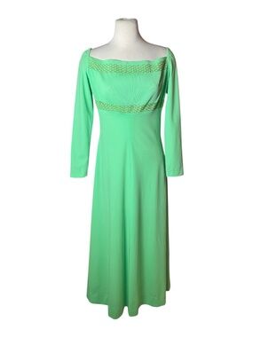 Vintage 1970s Sears Poly Knit Acid Green Empire Bust Maxi Dress